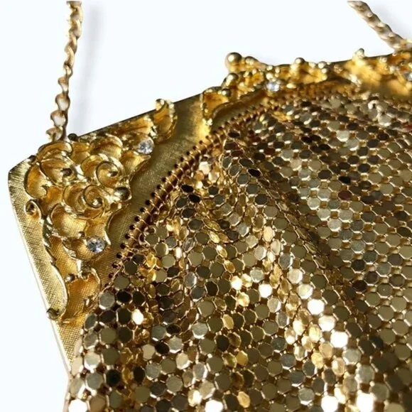 Whiting & Davis Bag 70s Gold Mesh Kiss Snap Evening Bag Crossbody Strap Purse - Picture 4 of 13